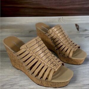 Franco Sarto Tan Leather Slip-On Wedge Sandals Rosely Size. 8